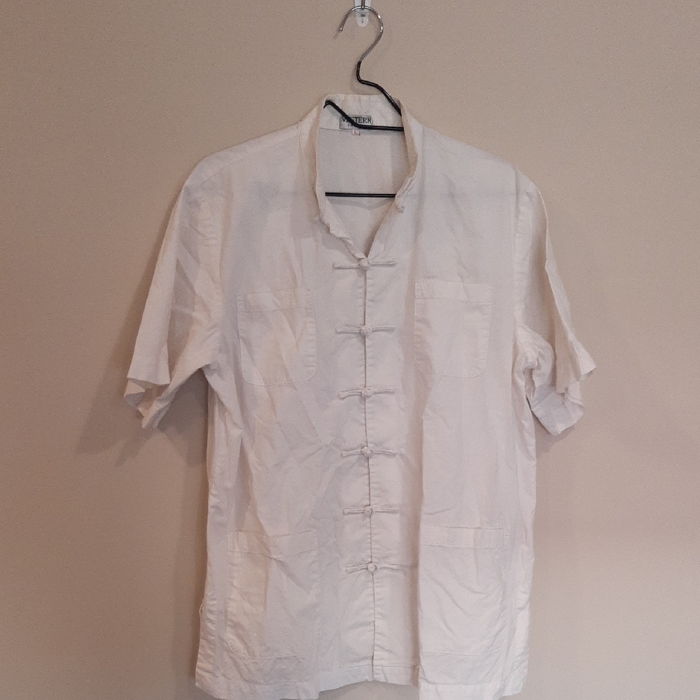 White SS Shirt with Mandarin Collar and traditional frog button closures.
